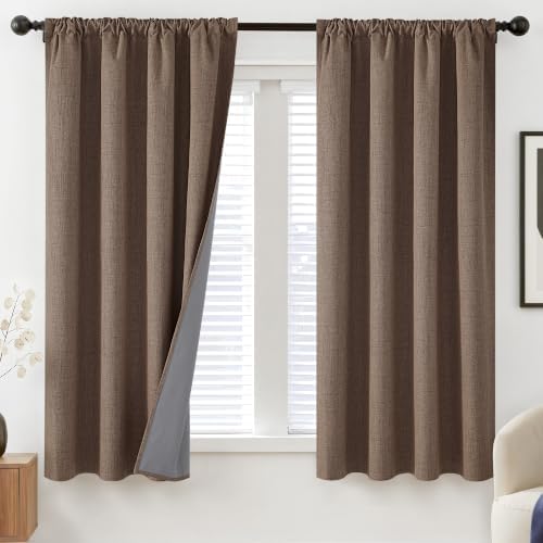 PONY DANCE Brown 100% Black Out Linen Curtains 72 Inches Long, 2