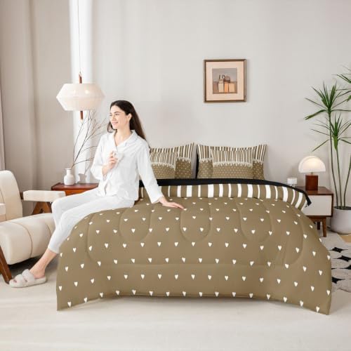 Erosebridal Taupe Heart Striped Queen Comforter Set with Sheets 7 Pcs