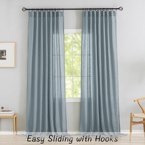 DONREN Stone Blue Linen Back Tab Curtains 96 Inches Long 2 Panels Set