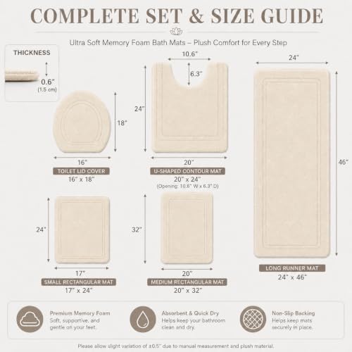 Bathroom Rugs Sets 5 Piece Memory Foam, Plush Comfort, Ultra