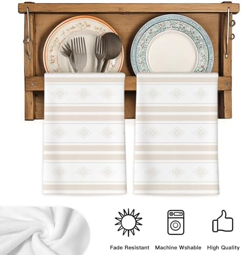 Beige Striped Kitchen Towels Set of 3, Absorbent Dish Towels for