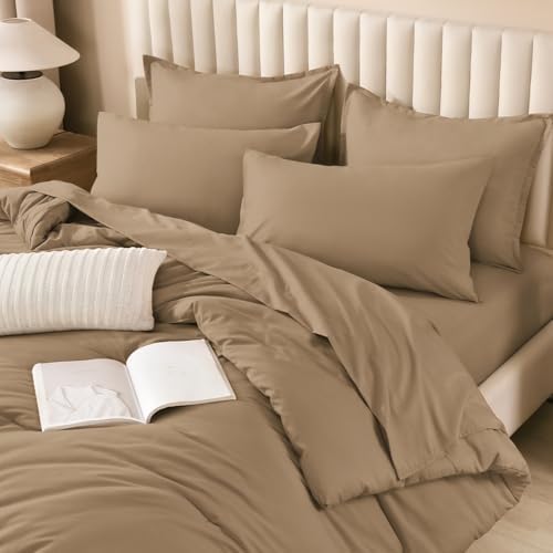 Litanika Taupe King Comforter Set with Sheets - 7 Pieces Solid Bed in