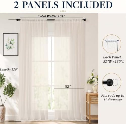 Chyhomenyc Extra Long Cream Sheer Curtains 120 inch Long, 2 Panels