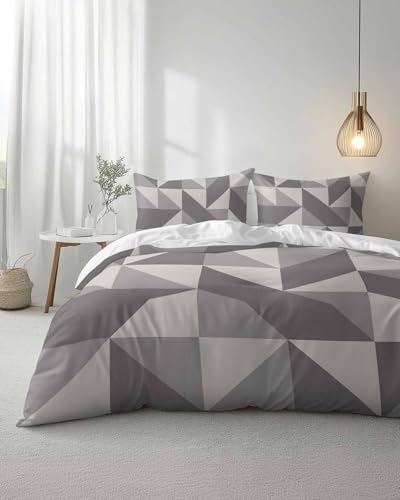 Duvet Cover Set Queen, Geometric Grey Art Triangle 3 Piece Bedding Set
