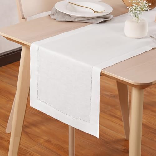 Home Ekaa 100% Pure Linen Hemstitch White Table Runner 120 Inch Long