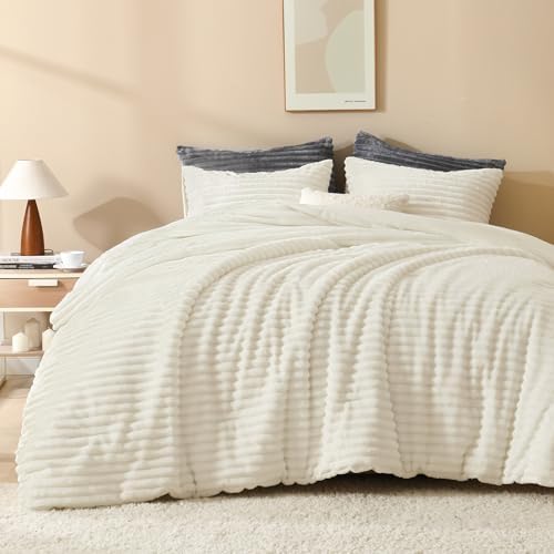 Andency Fluffy King Size Comforter Set, Cream Fleece Faux Fur Bedding