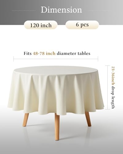 BESTVIP 6 Pack 120" Ivory Round Tablecloths | Fits 48"-78" Tables