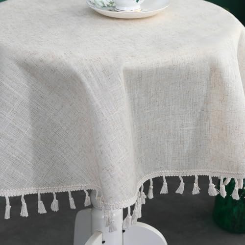 Beydodo Table Cloth Cover Round 70 inch, Linen Look with Tassels