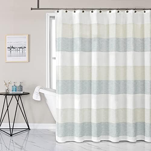 Greenish Gray and Tan Stripe Fabric Shower Curtain with Grommets