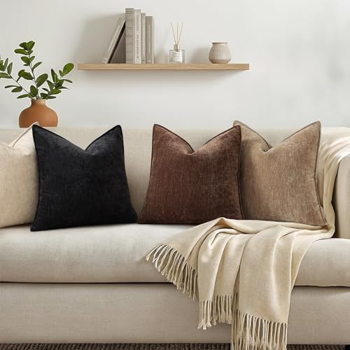 decorUhome Chenille Dark Brown Velvet Throw Pillow Covers 22x22 Set of