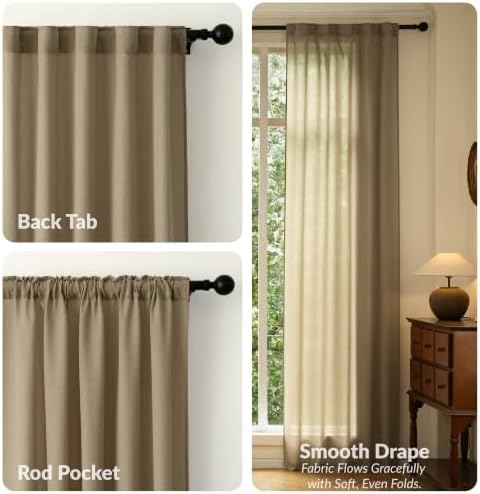 Back Tab Linen Semi Sheer Curtains, Taupe, 84 inches Long