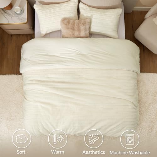 BEDELITE Faux Fur King Size Comforter Set, Fluffy Bed Set, Cream White