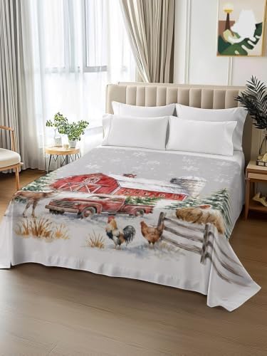 Cal King Size Flat Sheet Only, Farm Barn Christmas Tree on Gray Bed