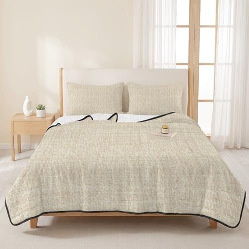 Teamery Queen Quilt Bedding Set Minimalist Beige Aesthetic Breathable