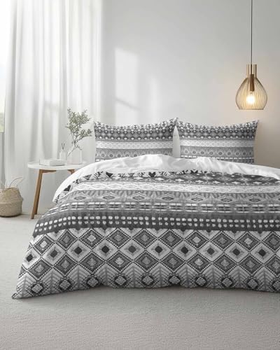 Duvet Cover Set Full, Tribal Gray Geometric Bohemian 3 Piece Bedding