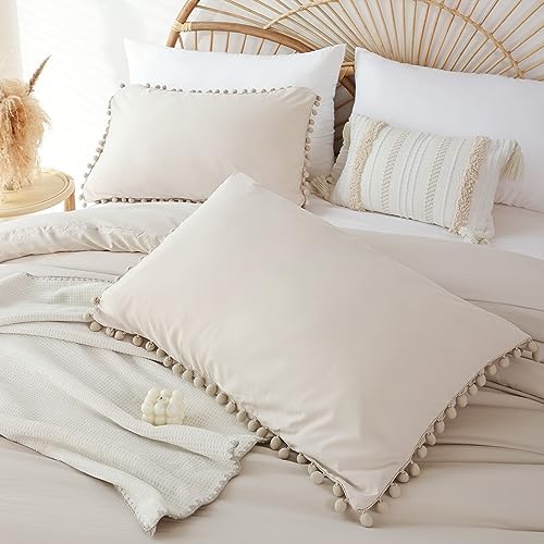 YIRDDEO Queen Comforter Set, Beige Ball Pom Fringe Bedding Set