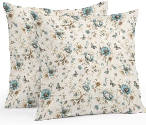 Vintage Tulip 18x18 Pillow Covers Set of 2, Teal Flowers Butterfly