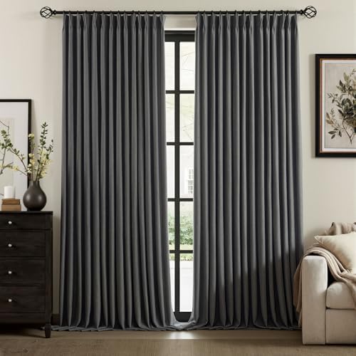 IVAPUPU Dark Grey Pinch Pleated Full Blackout Linen Curtains 108 Inch