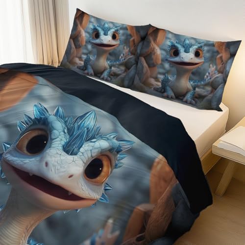 Duvet Cover Set King, 3pc Reversible Cute Fairy Tale Animals Dragons