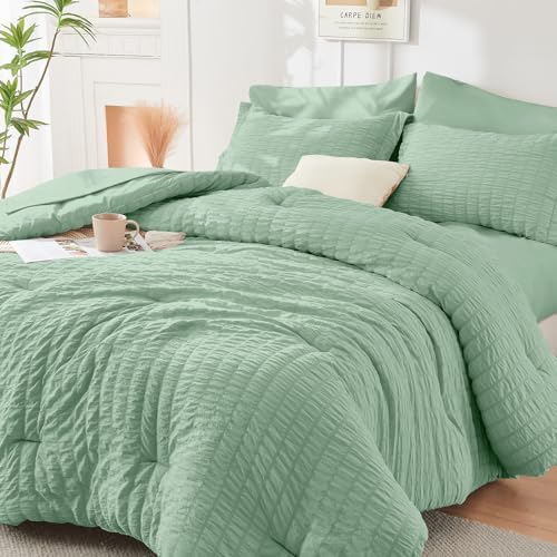 California King Comforter Set - 7PCS Seersucker Bed in a Bag, Sage
