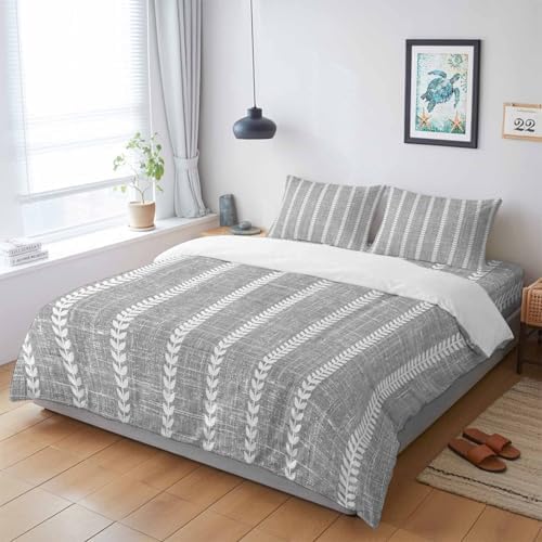 4 Piece Duvet Cover Set for Full Size Bed,Grey Boho Stripe Light Linen