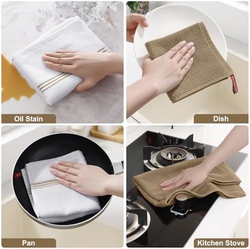 Homaxy Dual Design Kitchen Towels and Dishcloths Set, 12 Pack, Khaki