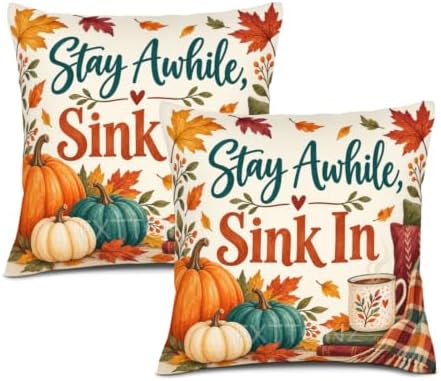 Leaves Plaid Decor Pillow Covers 22x22 Inch Set of 2 Linen for Fall