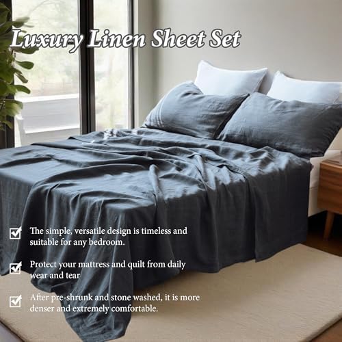QKTE 100% Natural Linen Sheets Set 4 Piece - Washed Linen Bedding Set