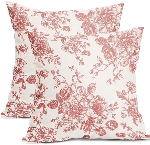 Coral Floral Pillow Covers 20x20 Inch Set of 2 Vintage Flower Coral