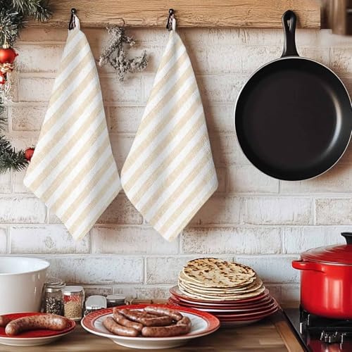 Beige Striped Kitchen Towels Set of 3, Absorbent Dish Towels for