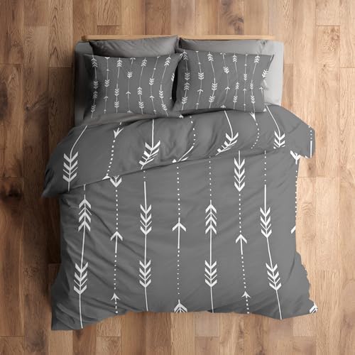 Gray Modern Duvet Cover Full Size, Minimalist Boho Stripe Reversible