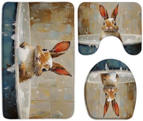 4 PCS Funny Bunny Bath Mat Fun Rabbit in Bathtub Bubble Oil Painting