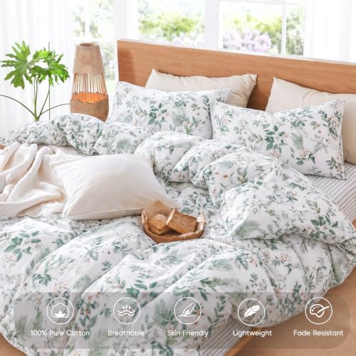 100% Cotton Pink Floral Duvet Cover Queen Size – Green Botanical Duvet