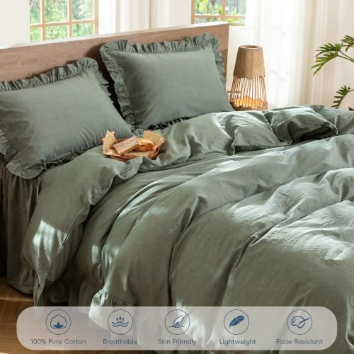 MooMee Ruffle Duvet Cover Set 100% Washed Cotton King