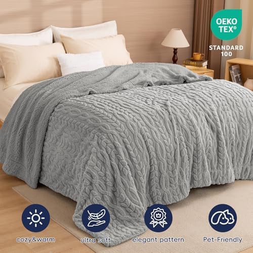 PHF Fluffy Sherpa Blanket, Grey, 60"x80" Twin Size