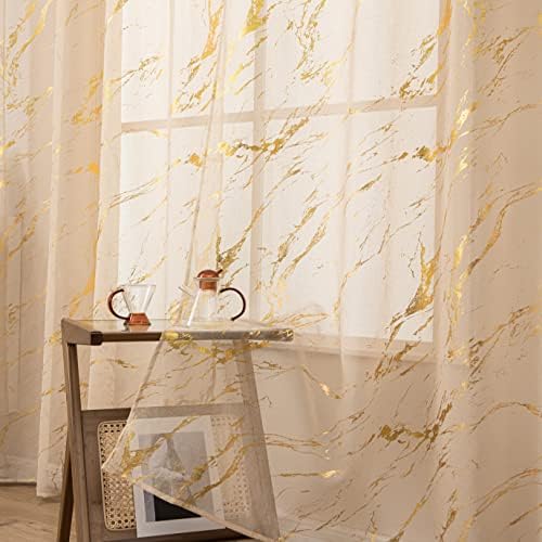 Beige Sheer Curtains Gold Marble Foil Print 84 Inches Length, Rod