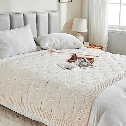 CozeCube Cream White Knitted Checkered Throw Blanket 50"X60"