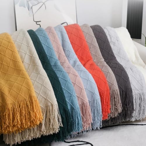 Knitted Beige Throw Blanket,Boho Cozy Sofa Blanket with Tassel