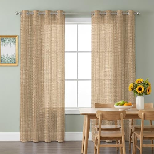 Sand Brown Sheer Curtains 84 Inch Long 2 Panels, Country Vintage
