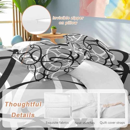 Grey Geometric Duvet Cover Set Queen Size,Retro Black White Abstract