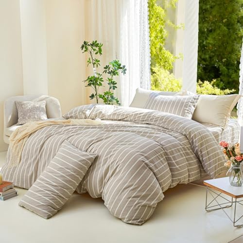 DONEUS Striped Duvet Cover Set 100% Washed Cotton Linen Like Queen