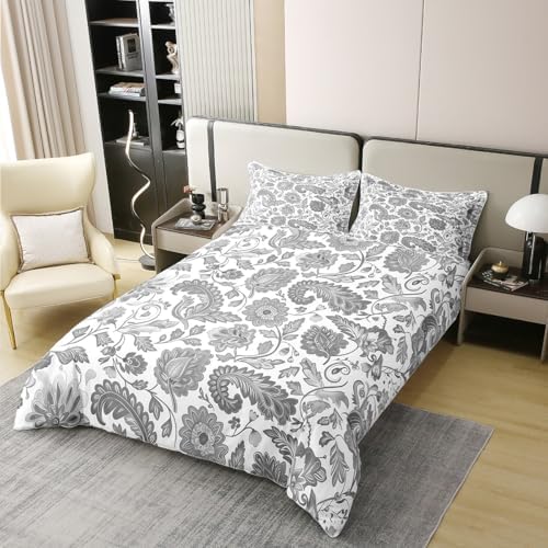 100% Cotton Gray Flowers Queen Duvet Cover Watercolor Retro Baroque