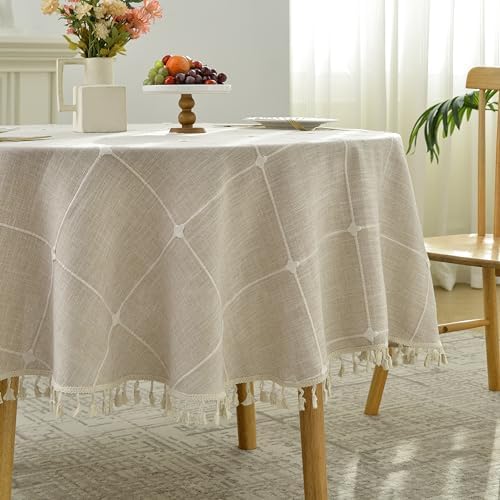 Lattice Embroidery Plaid Round Tablecloth with Tassel, Round 70 Inch