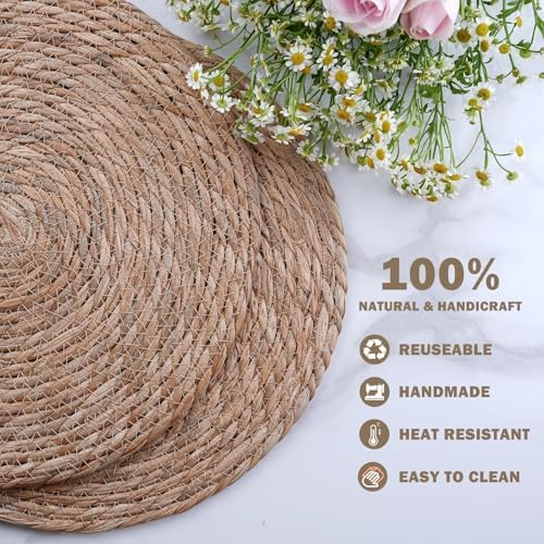 Boho Woven Placemats Set of 6 with Wooden Napkin Rings, 13" Natural