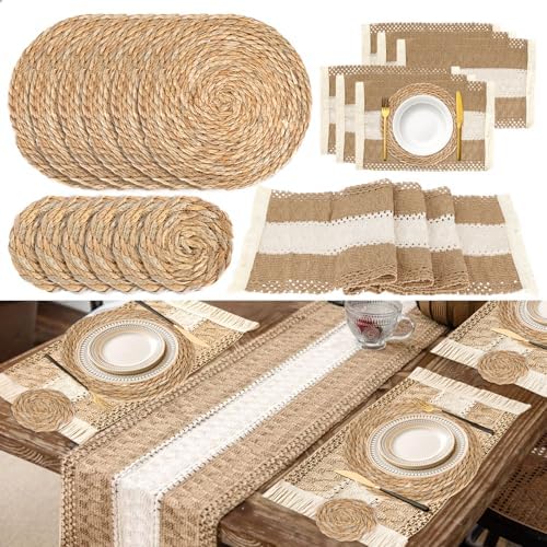 Boho Placemats Set of 6,Table Runner with Matching Round Woven