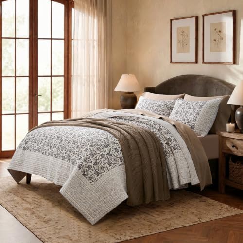 EverGrace 100% Cotton Floral Quilt Set, King Size, Taupe Warm Gray