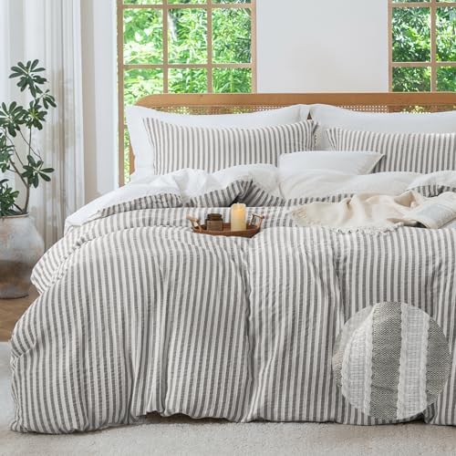 MILDLY Jacquard Striped Duvet Cover Set 3pcs Dual Zipper Taupe Queen