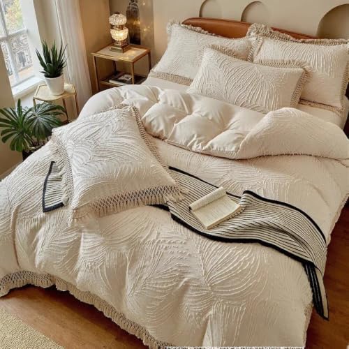 Textured Leaf Duvet Cover Set Queen, Fringe Trim Bedding Set Khaki