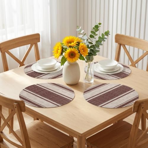 Brown Stripes Placemats Set of 6 Beige Tan Center Band Linen Texture