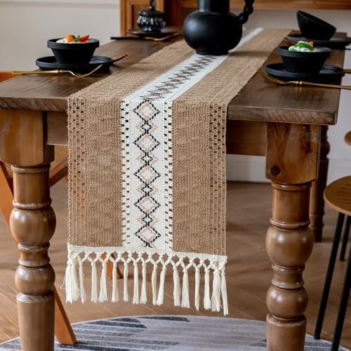 EMMTEEY Macrame Table Runner Boho Style 108 Inches Long, Brown White